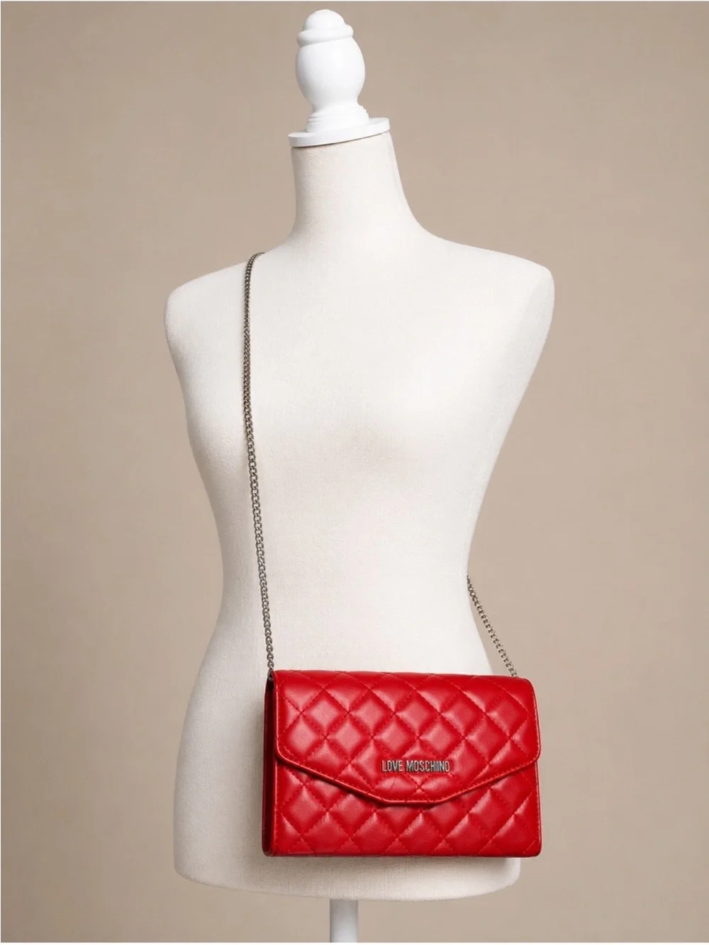 Quilted Bright Red Chain Crossbody Clutch Wallet Purse